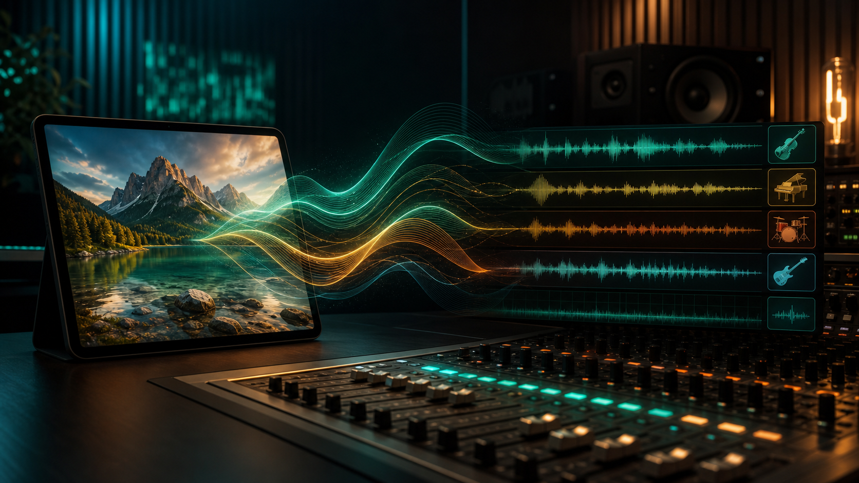 Image to audio AI workflow translating visual mood from an image into colorful waveform layers