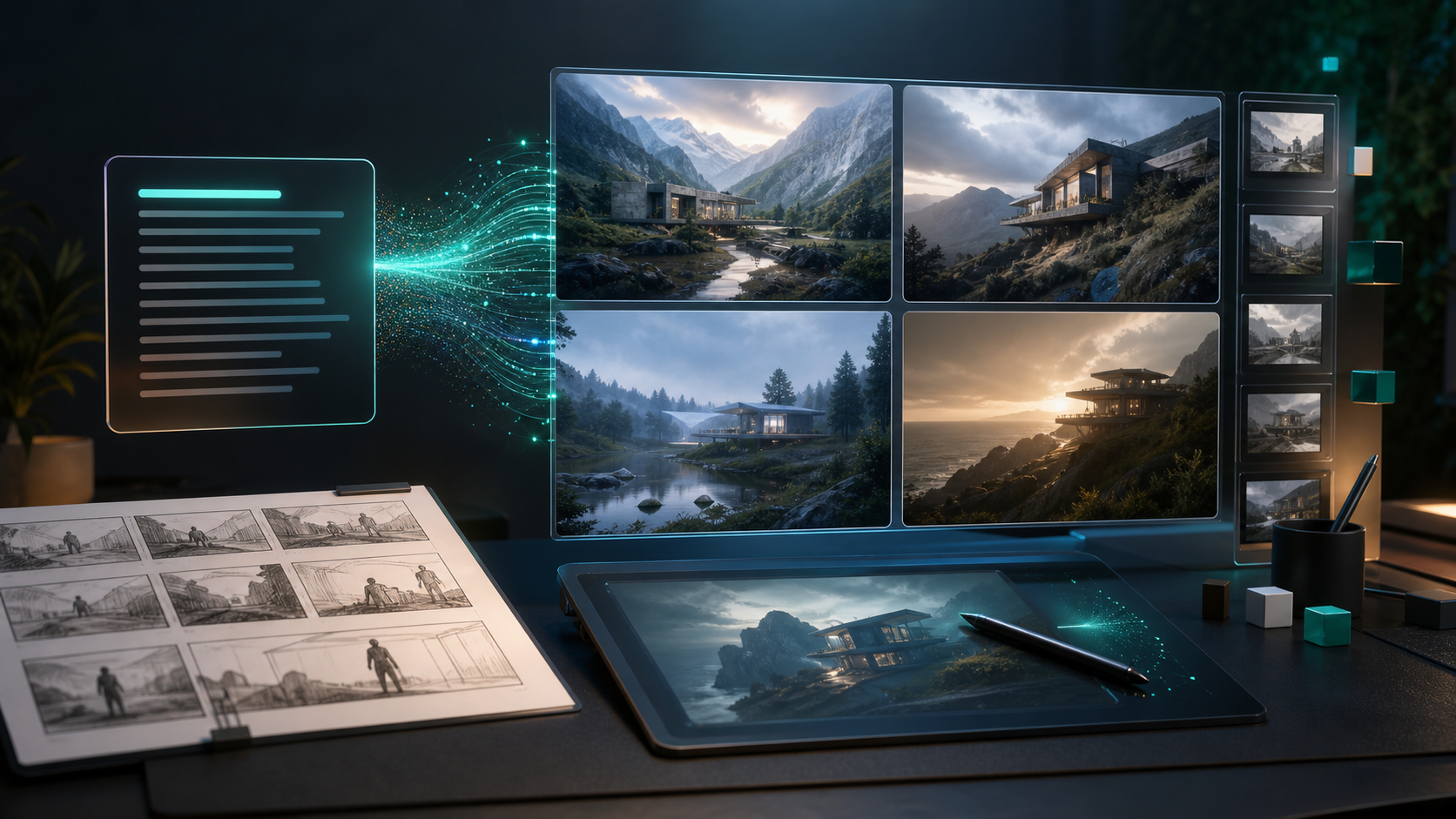 Text to image AI workflow generating storyboard frames and visual references from a prompt board