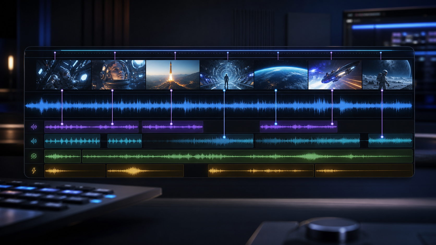 Video to audio AI workflow matching video timeline clips with generated audio tracks and waveforms